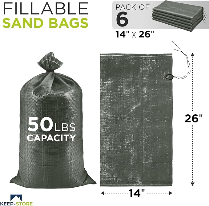 Heavy Duty Sand Bags Pack of 6, Army Green Empty Sandbags with Built-In Ties, Woven Polypropylene UV Protection 1600 Hours, Fillable Bags for Flood Control, Weight, 14x26 inches, 50 Pounds Volume