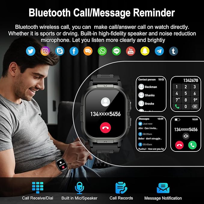 Smart Watch for Men Fitness Tracker: Make/Answer Call Military Smart Watches for Men Digital Mens Watches Running Waterproof Smartwatch Android Phones iPhone Samsung Compatible Heart Rate Monitor