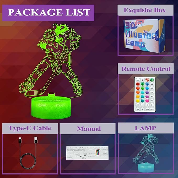 Hockey Night Light, Hockey Gifts for Girl, 3D Night Light with Remote Control, 16 Colors Changing, RGB Flashing Mode, Timer and Dimmable, Gifts for Boys Christmas Decor