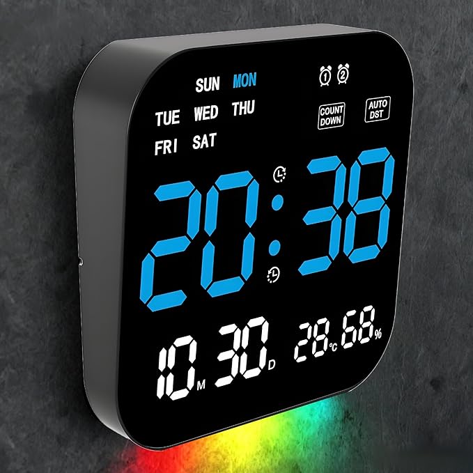 Large Digital Wall Clock with Date,Timer, Dimmer, Temperature,Humidity, Auto DST,Decor for Living Room, Bedroom, Office, Gym, Garage (Blue) 8803