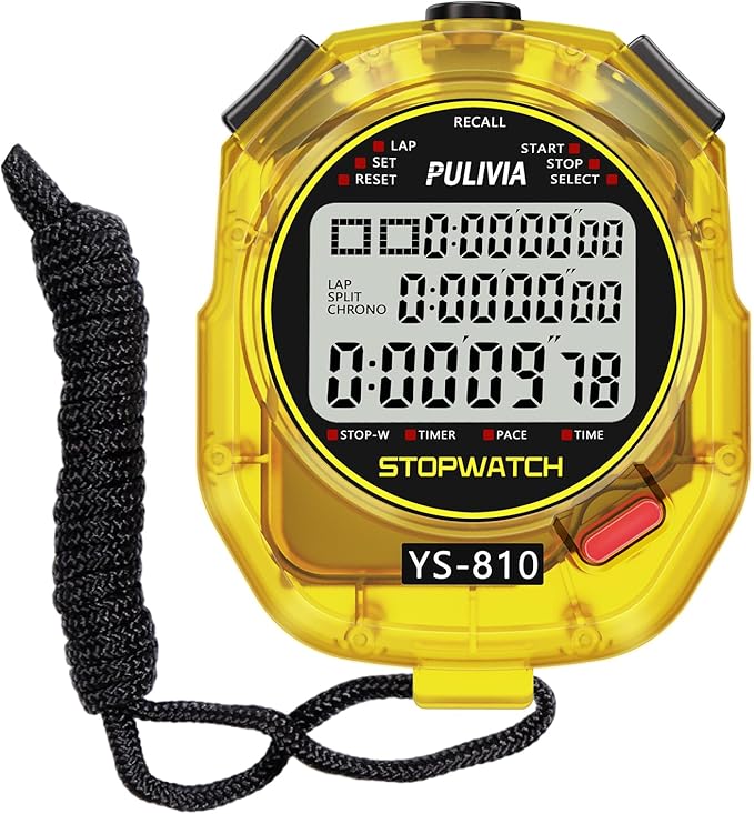 Stopwatch Timer 10 Splits/Laps Digital Stop Watch for Sports, Countdown Alarm Clock Date Memory Recall Large Display, Stopwatch for Coaches PE-Teacher Referee (Yellow, 10 Splits/laps)