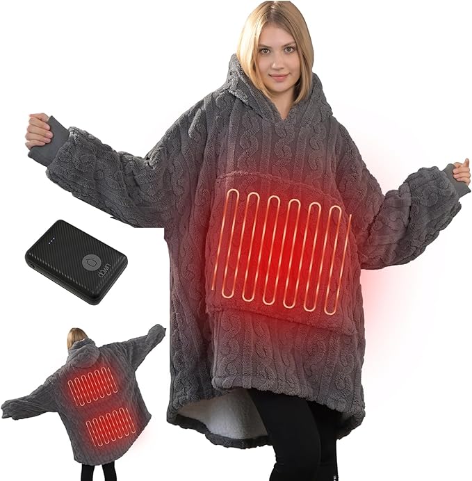 Heated Wearable Blanket Battery Powered, Come with 5000mAh Portable Rechargeable Charger, USB Fannel Sherpa Oversized Hoodie Sweatshirt, Machine Washable, Grey