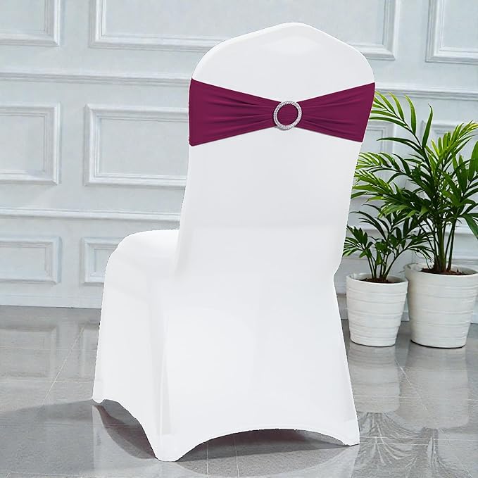 MDS Pack of 50 Spandex Chair Sashes Bow Premium Stretch Chair Cover Band with Buckle Slider Universal fits Elastic Dining Chair Ties for Wedding Party Banquet Events Decoration - Eggplant