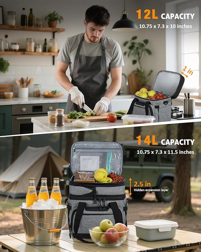 Large Lunch Box for Men/Women Dual-Compartment Insulated Lunch Bag,Adults Expandable Leakproof Cooler Bag Lunch Tote with Adjustable Shoulder Strap for Work Camping Picnic,Grey 24-Can(14L)