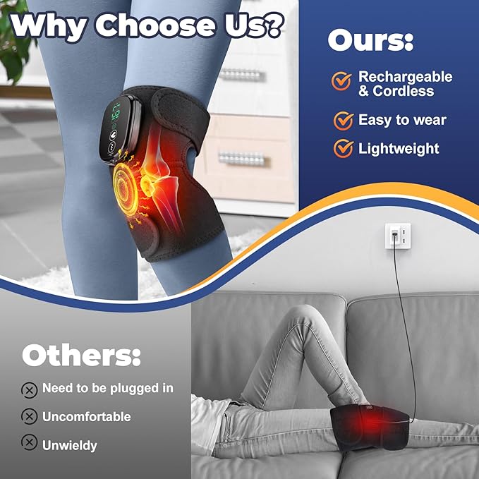Cordless Electric Heated Knee Massager, 3-in-1 Heated Knee Massager with Heat for Knee Elbow Shoulder Wrap with 3 Vibration & Heating Modes