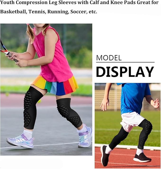 Topeter Knee Calf Padded Compression Leg Sleeve for Kids, Youth Thigh Sports Protective Shin Brace Support 1 Pair