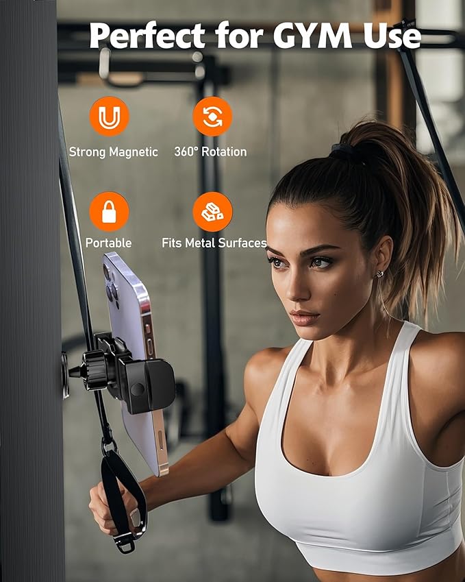 Gym Magnetic Phone Holder, 360° Strong Adsorption Adjustable Magnet Holder Mount for Fitness Equipment, Golf Cart, Compatible with 4.7-6.5’’ Use iPhone Android Phones