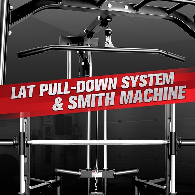 RitFit Smith Machine Power Rack with LAT-Pull Down System, Landmine, Barbell Bar, Plate Storage Pegs and More Training Attachment