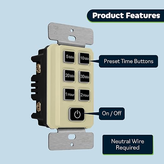 TOPGREENER 2-Hour Countdown Timer Switch, 5-10-20-30 Min 1-2 Hour Settings, for Fans and Lights, LED Indicator, 120VAC 60Hz, 1/2HP, 150W LED, Neutral Wire Required, UL Listed, TGT06-2H-RT-I, Ivory