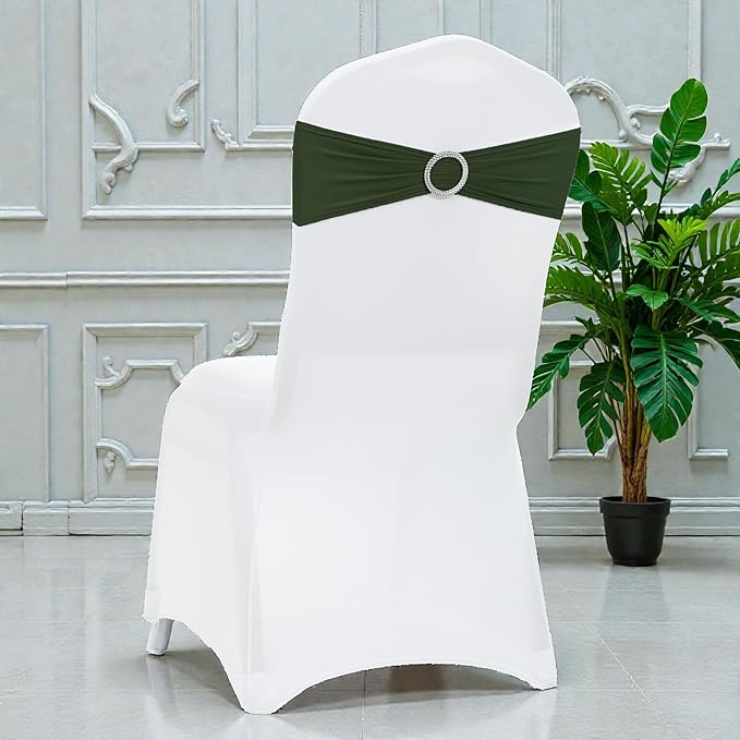 MDS Pack of 125 Spandex Chair Sashes Bow Universal fits Elastic Stretch Chair Bands Ties with Buckle for Wedding Party Banquet Events Decoration Spandex Slider Sashes Bow - Olive Green