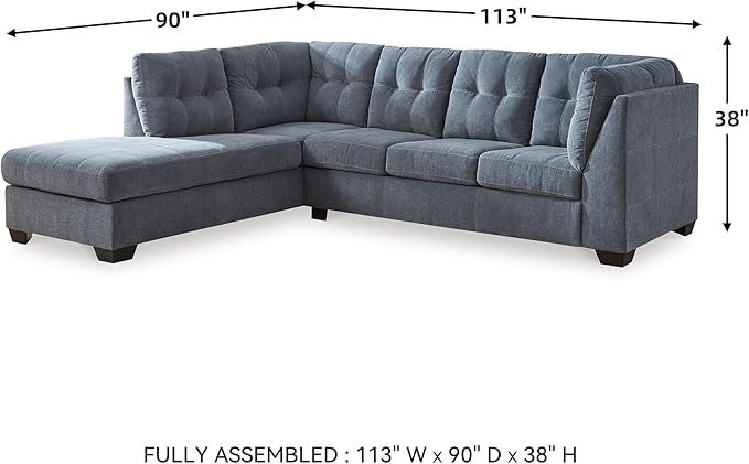 Signature Design by Ashley Marleton Contemporary Left-Arm Facing Tufted 2-Piece Sleeper Sectional with Chaise, Loose Seat Cushions and Bi-Fold Memory Foam Mattress, Full, Blue