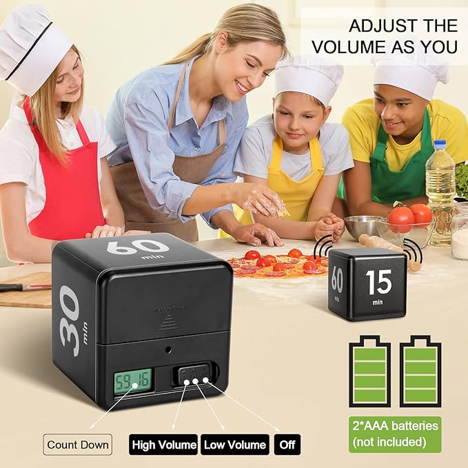 Weewooday Cube Timer, Gravity Sensor Flip Timer for ADHD Productivity, Classroom Kitchen Study Workout Cooking Desk Timers for Time Management, 15 20 30 60 Minutes Countdown Tool(Black)