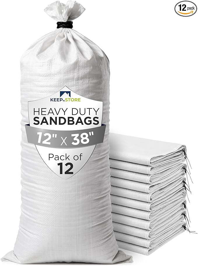 Heavy Duty Sand Bags Pack of 12, White Empty Sandbags with Built-In Ties, Woven Polypropylene UV Protection 1600 Hours, Fillable Bags for Flood Control, Weight, 38x18 inches, 90 Pounds Volume