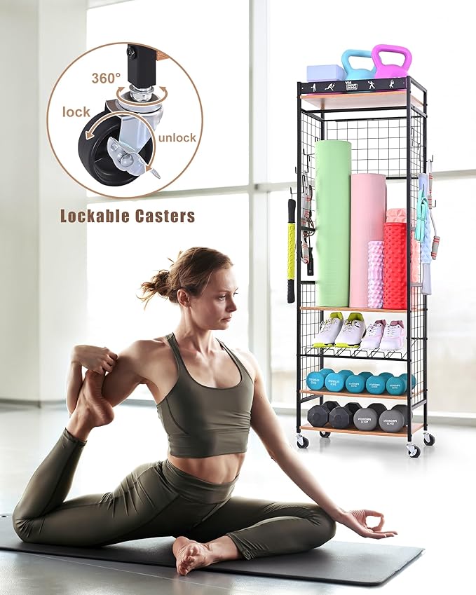 Mythinglogic Weight Rack for Dumbbells, Home Gym Storage for Yoga Mat Dumbbells Kettlebells and Strength Training Equipment, Dumbbell Rack with Wheels and Hanging Hooks