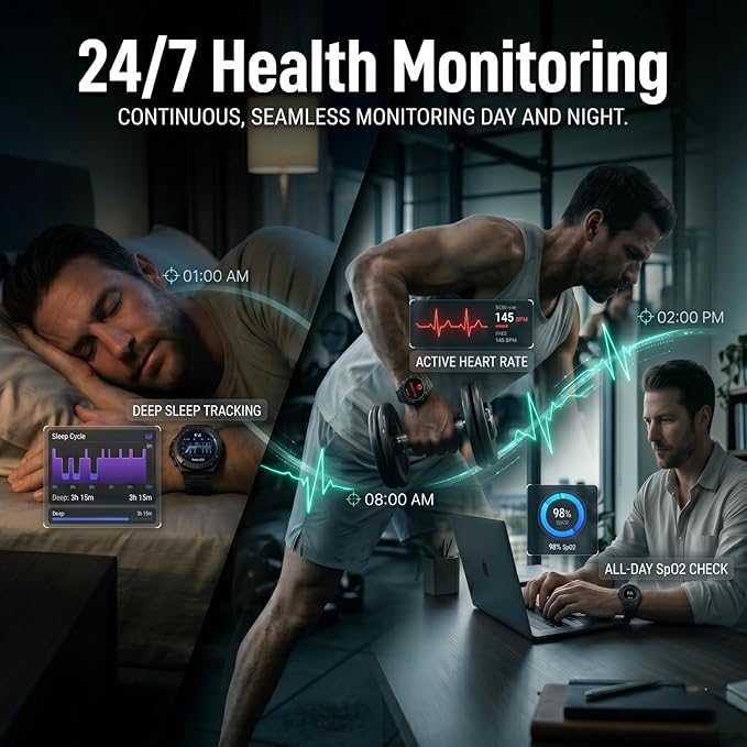 WalkerFit Rugged Military Smart Watch for Men, 1.43" AMOLED Tactical Fitness Tracker (Answer/Make Call), 5ATM Waterproof, Heart Rate/SpO2/Sleep Monitor, 178+ Sports Modes, for Android iPhone, 2 Bands