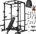 JEEKEE Power Rack with LAT Pulldown, 2000LBS Power Cage with Cable System, Multi-Function Squat Rack with J-Hooks, Safety Bars, Landmine, Pull Up Bar & Attachments for Home Gym Strength Training,Black
