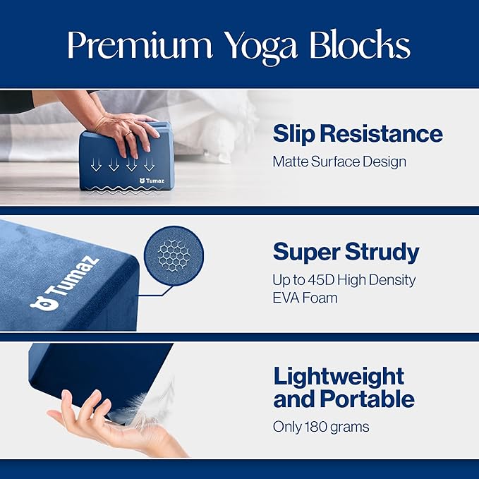 Tumaz Non-Slip Yoga Blocks 2-Pack - High Density/Lightweight EVA Foam & Natural Cork for Stability, Premium Set with E-Book Included