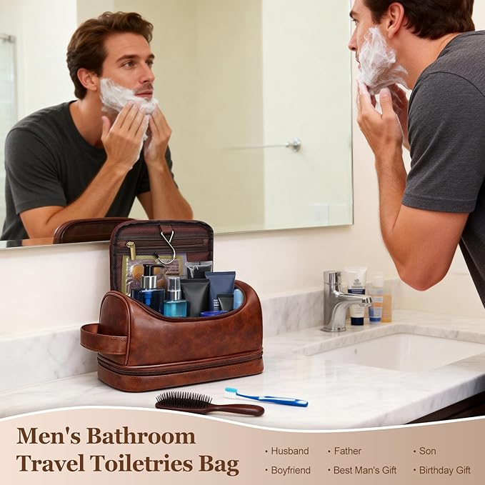 Mens Toiletry Bag for Travel,PU Leather Travel Toiletries Bag,Waterproof Toiletry Shaving Kit for Men,Personalized Gifts for Men Father's Day Birthday (Y)