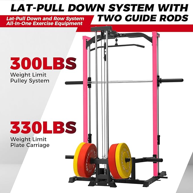 RitFit Smith Machine Power Rack with LAT-Pull Down System, Landmine, Barbell Bar, Plate Storage Pegs and More Training Attachment