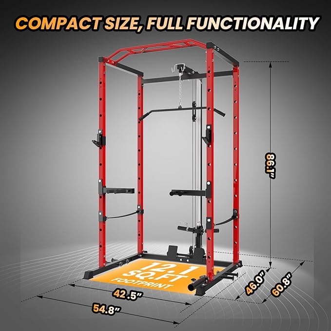 GarveeLife Power Cage, Multi-Function Squat Rack with LAT Pulldown, 1600 LBS Weight Capacity Fitness Power Rack with Cable Pulley System and j-Hooks, Dip Bars and Landmine Attachment for Home Gym