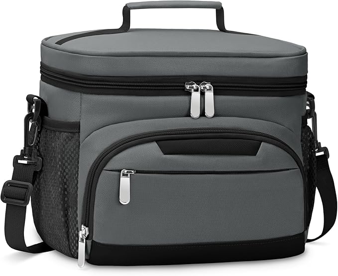 Lunch Boxs for Women/Men Insulated Lunch Bag,Leakproof Lunchbox with Adjustable Shoulder Strap for Adults,Soft Cooler Tote Bag for Office Fitness Picnic Beach Travel - Grey 12-Can(8L)
