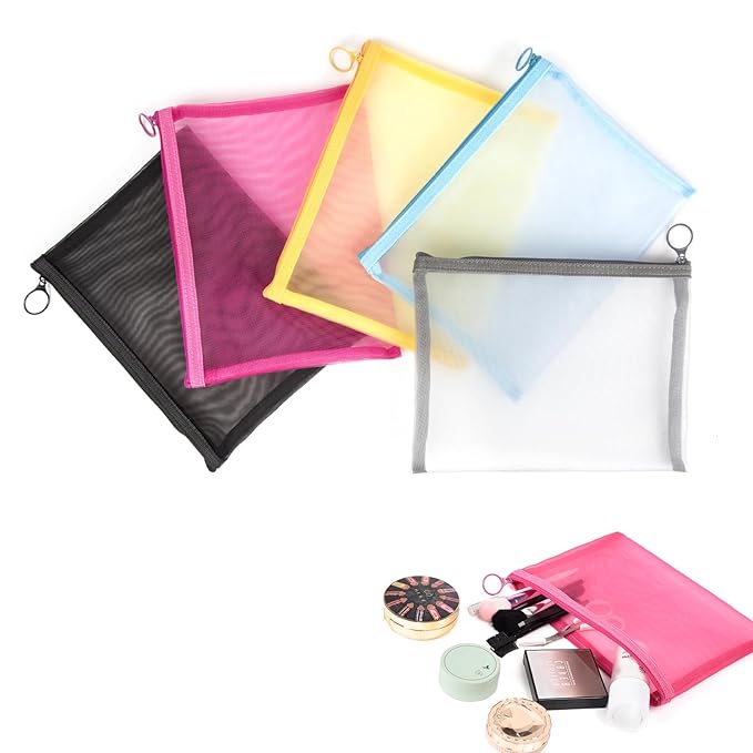 patu Zipper Mesh Bags, 9.25" x 7", Size L / A5, 5 Pieces, Beauty Makeup Cosmetic Accessories Organizer, Travel Toiletry Kit Set Storage Pouch, Assorted Colors
