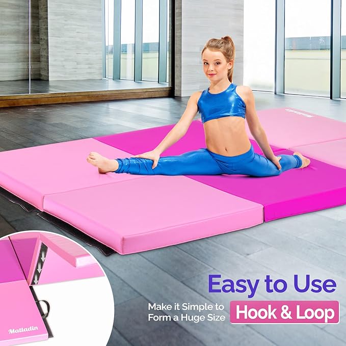 Matladin 6' Folding Tri-fold Gymnastics Gym Exercise Aerobics Mat, 6ft x 2ft x 2in PU Leather Tumbling Mats with Hook & Loop Fastener for Stretching Yoga Cheerleading Martial Arts