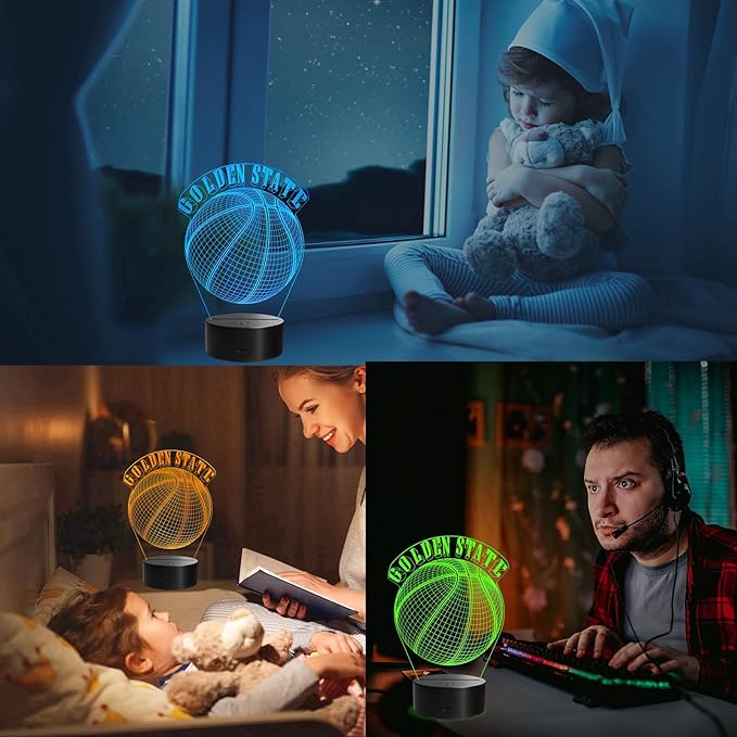 Basketball Golden State Night Light, Golden State Gifts for Boy, 3D Illusion Lamp with Remote Control, 16 Colors Changing, RGB Flashing Mode and Dimmable, Gifts for Boys Christmas Decor