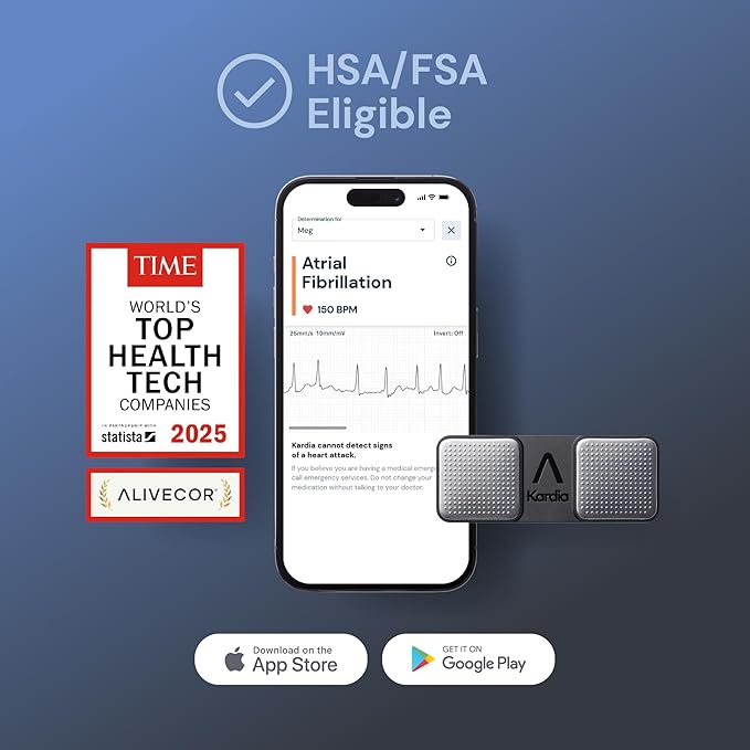 KardiaMobile 1-Lead EKG Monitor, Medical-Grade FDA-Cleared Personal Heart Monitor, Detects Normal, AFib & Arrhythmias, 30 Second Results, Works with Smartphones, Pocket Size, No Subscription Required