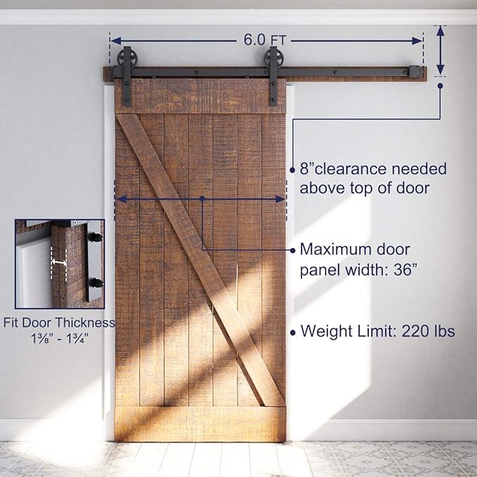 SMARTSTANDARD 6 Feet Heavy Duty Sliding Barn Door Hardware Kit, 4FT - 18FT, Black, Smoothly and Quietly, Simple and Easy to Install, Fit 36" Wide Panel (Industrial Bigwheel Hangers)
