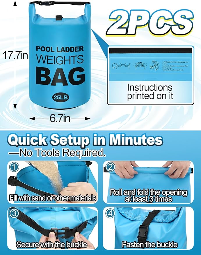 Cosweet 2 Pack Heavy Duty Pool Ladder Weights - 25lb Easy to Fill Anchor Bags, 500D PVC Waterproof Sand Bags with Secure Buckle Closure to Stabilize Above Ground Swimming Pool Steps