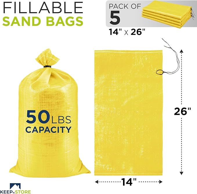 Heavy Duty Sand Bags Pack of 5, Bright Yellow Empty Sandbags with Built-In Ties, Woven Polypropylene UV Protection 1600 Hours, Fillable Bags for Flood Control, Weight, 14x26 inches, 50 Pounds Volume