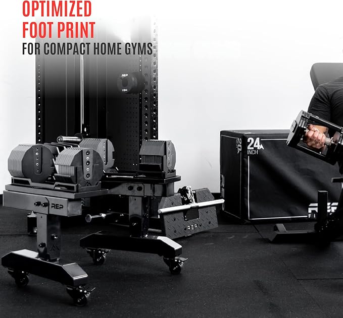 REP Fitness Dumbbell Storage Rack, Compatible with Quickdraw, Adjustable Weight Stand for Dumbbells, Plates, and Barbells, Compact Home Gym Organizer Racking