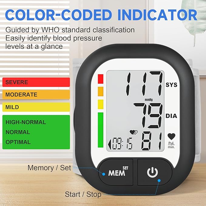 Blood Pressure Monitor Adjustable Wrist Cuff for Home Use Automatic BP Machine Large Digital LCD Display 199 Memory Batteries Included with Carrying Case, Black
