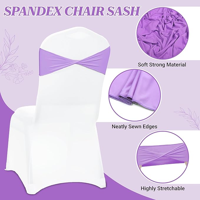 MDS Pack of 100 Spandex Chair Sashes Bows Elastic Stretch Dining Chair Bands Ties Without Slider Buckle Universal fits for Wedding Baby Shower Birthday Party Banquet Event Decoration - Lavender