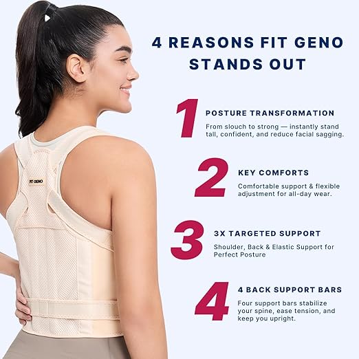 Fit Geno Back Brace Posture Corrector for Men & Women: Shoulder Straightener Adjustable Full Back Support Pain Relief - Scoliosis Hunchback Spine Corrector (Large)