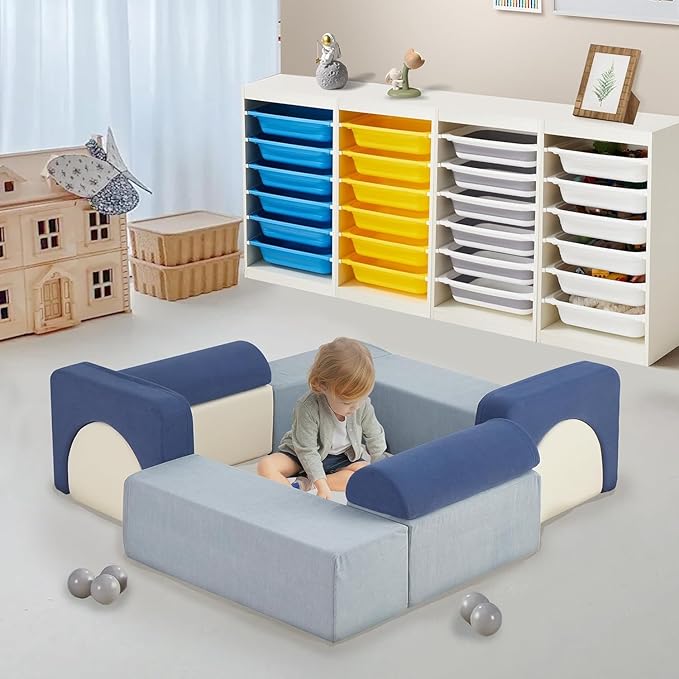 Asweets Kids Play Couch with Tunnel and Balls, Play Couch for Toddlers, Kids Foam Convertible Play Building Fort for Christmas and New Year, Blue