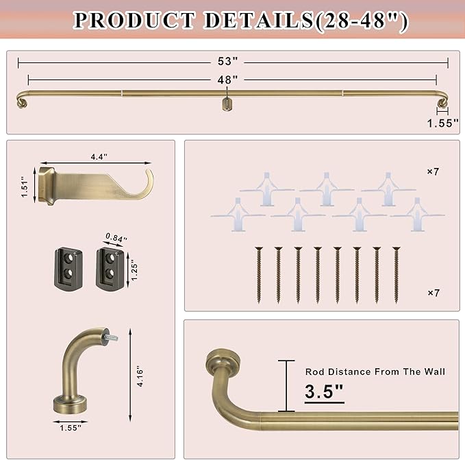 Antique Bronze Curtain Rods for Windows 28 to 48",1 Inch Disc Wrap Around Curtain Rod with Aluminum Finials and Brackets,No Screw Disassembly Adjustable Blackout Curved Room Darkening Curtain Rod