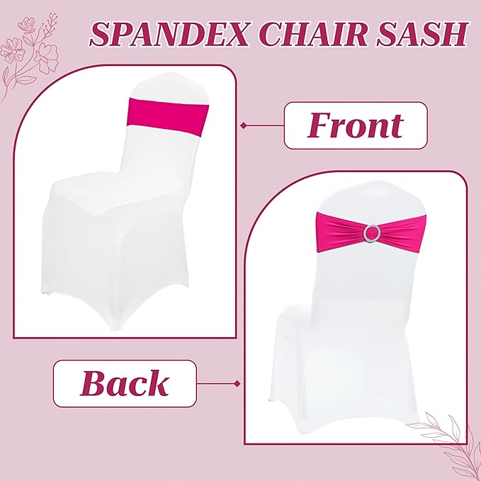 MDS Pack of 50 Spandex Chair Sashes Bow Premium Stretch Chair Cover Band with Buckle Slider Universal fits Elastic Dining Chair Ties for Wedding Party Banquet Events Decoration - Magenta