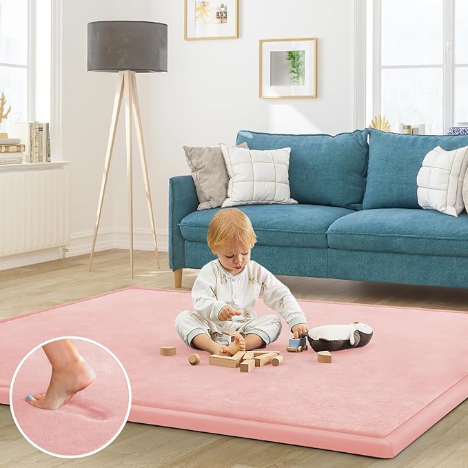 Baby Play Mat for Floor Nursery Rug Muscle Mat Area Rug Playroom Rug 65"x50" Playpen Mat Memory Foam 1.3" Thick Crawling Mat for Babies,Toddlers, Infants, Kids,Light Pink