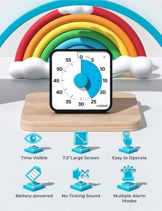 LIORQUE 60 Minute Visual Timer for Kids and Adults, Non-Ticking 7.5 Inch Large Visual Countdown Timers for Classroom Desk Countdown Clock with Magnetic Backing, Kids Pomodoro Timer Clock