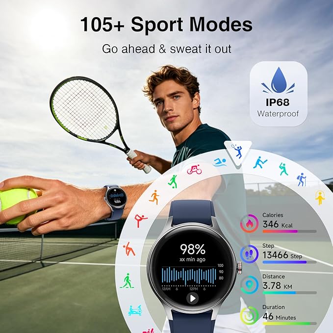 Fitpolo Smart Watch for Men Women Android iPhone, 1.27'' HD Fitness Tracker with Bluetooth Call & Answer, IP68 Waterproof, Heart Rate/SpO2/Sleep Monitor, Built-in AI Voice, 105+ Sports Modes (Blue)