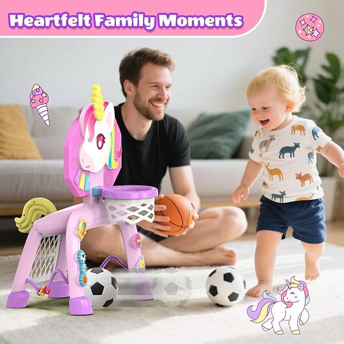Toddler Basketball Hoop & Soccer Goal， Baby Toy for 1 2 3 Year Old Girls, Kids Activity Center Toys with Light & Music,Unicorn Toys for Girls 12-18-36 Months, Christmas Birthday Gifts for Ages 1-3