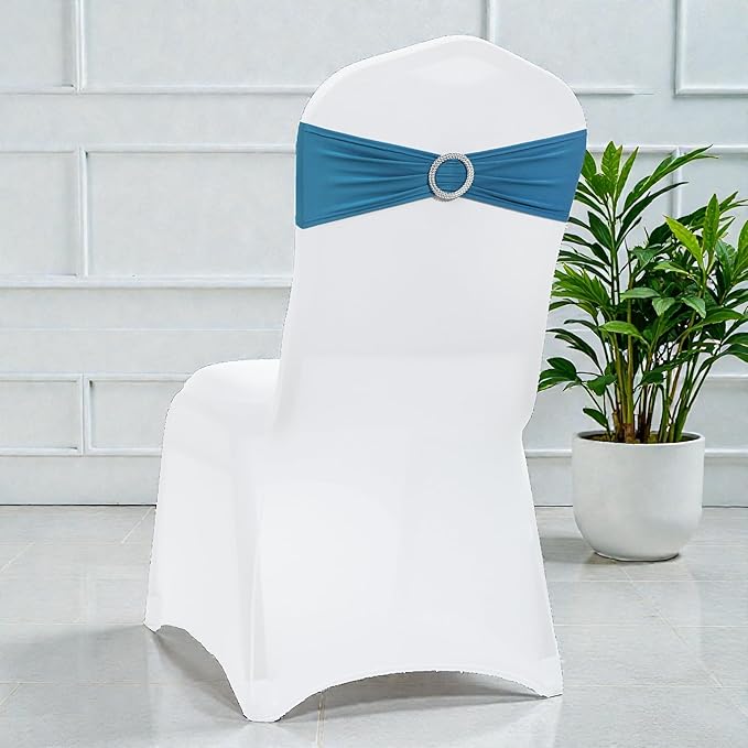 MDS Pack of 125 Spandex Chair Sashes Bows Universal fits Elastic Stretch Chair Bands Ties with Buckle Slider Bow for Wedding Decoration Spandex Slider Sashes Bow - Dark Teal