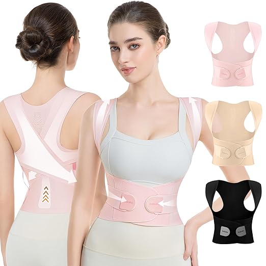 babaka Posture Corrector for Women, Invisible Lightweight Adjustable Back Brace for Upper and Lower Back Pain Relief, Hunchback, Hump, Scoliosis, Thoracic, Spine Corrector Under Clothes (Pink, Medium, Waist: 29''-35'')