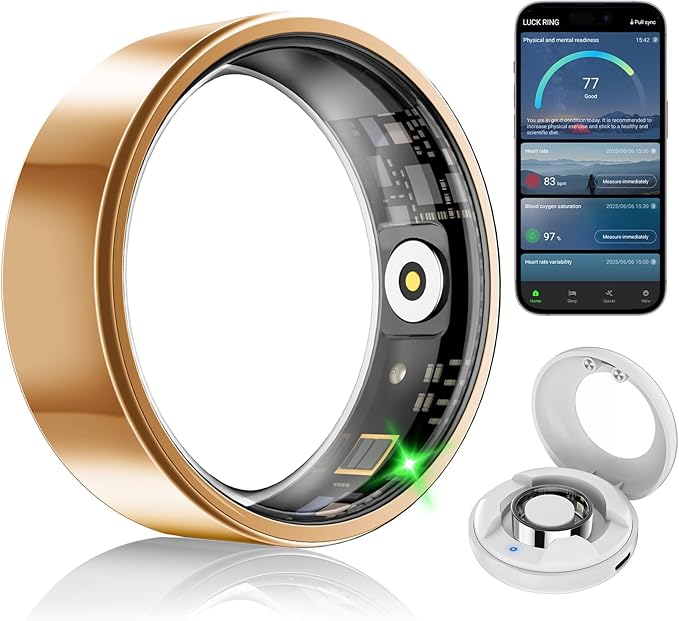 Smart Fitness and Activity Ring for Men and Women - Track Heart Rate Stress Sleep Steps and Blood Oxygen, 10ATM Waterproof Fitness Tracker for iPhone and Android, No Subscription Fee, Size 8