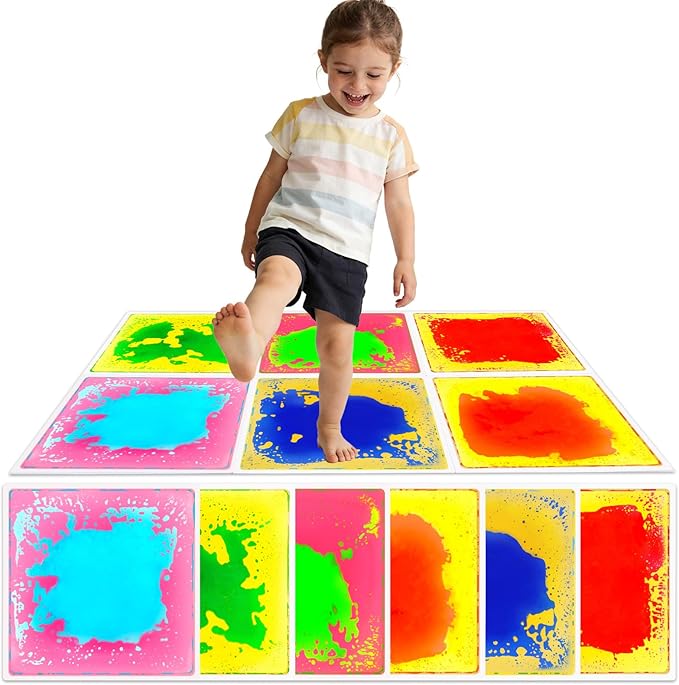 Sensory Floor Tiles Liquid for Kids: Motion Activity Play Mat 12x12 Inch Non-Toxic Anti-Slip Leakproof - 6 Colorful Pads Tactile Exploration & Visual Tracking Toys for Toddlers/Autism Room