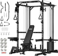 JEEKEE Power Cage with Cable Crossover System, 2200LB Heavy Duty Power Rack with Dual Pulley, 180LB Weight Stack, LAT Pulldown, 20+ Attachments for Home Gym,Black