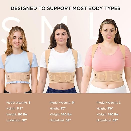 Vicorrect Adjustable Posture Corrector for Women: Comfortable Fit for Body Types - Invisible Under Clothes Wearable for Sitting and Exercise - Helps with Upper Back Shoulder Neck Pain (Beige, Small)