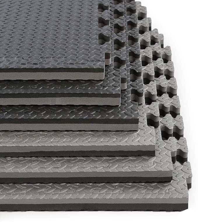 Xspec 1" Extra Thick 48 sq ft Reversible EVA Gym Foam Floor Mat Tiles (24" x 24"), Steel Pattern, 12 pcs, Black & Grey